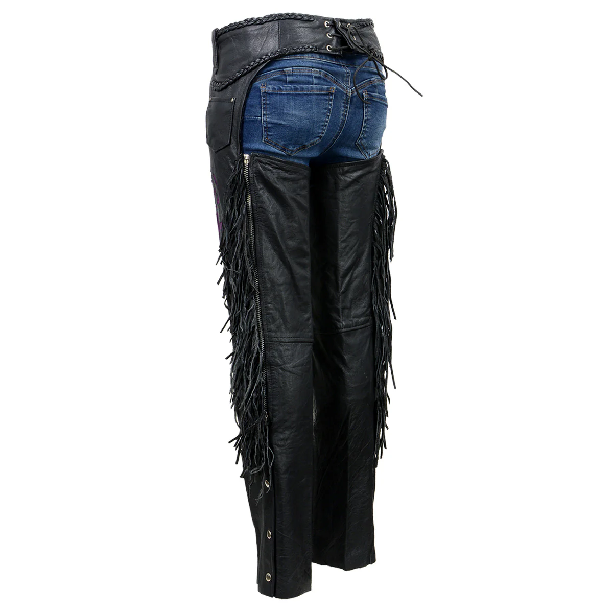 Milwaukee Leather SH1116 Women's Classic Braided & Fringed Black Leather Motorcycle Chaps w/ Purple Rose Embroidery - Image 8