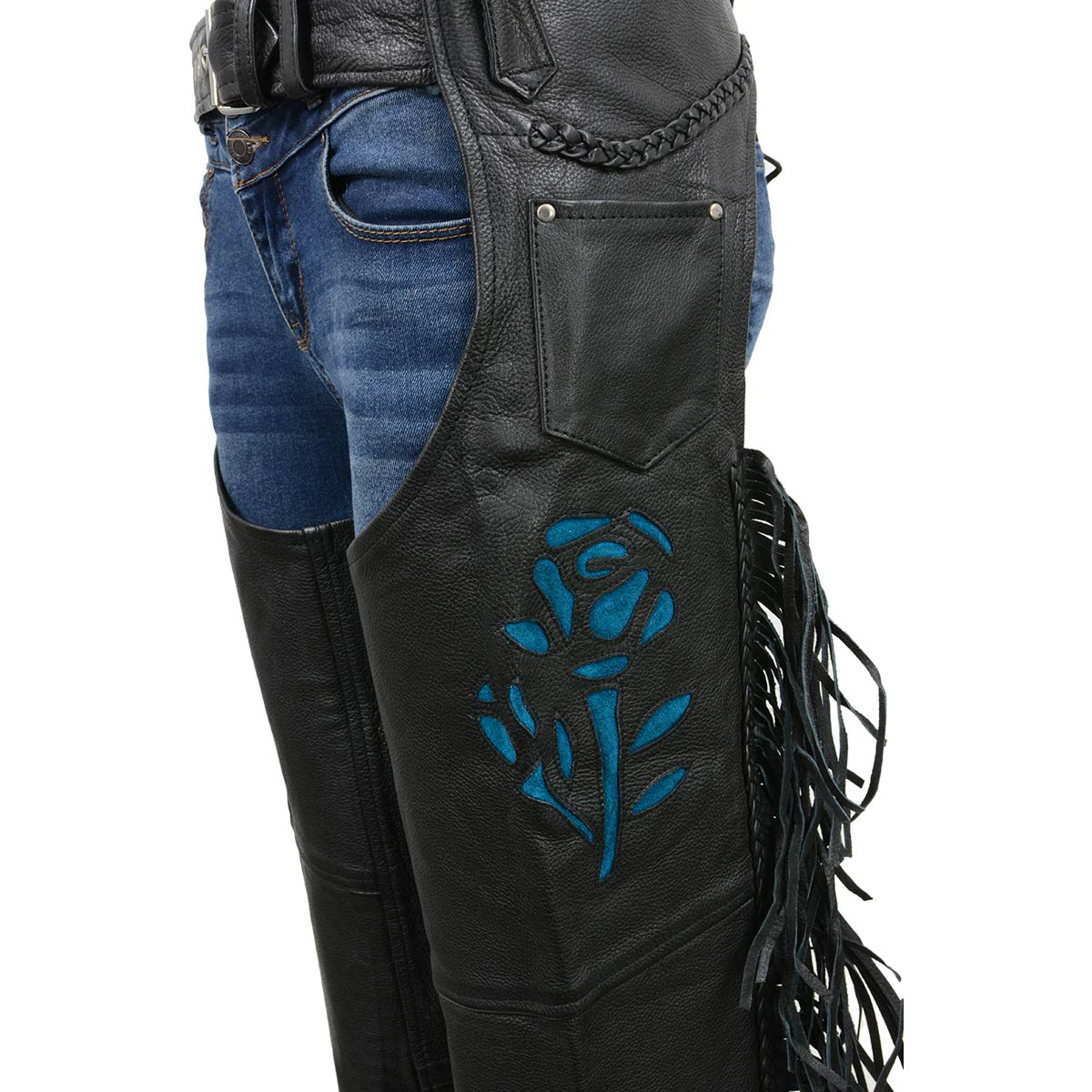 Milwaukee Leather SH1116 Women's Classic Braided & Fringed Black Leather Motorcycle Chaps w/ Turq Rose Embroidery - Image 2