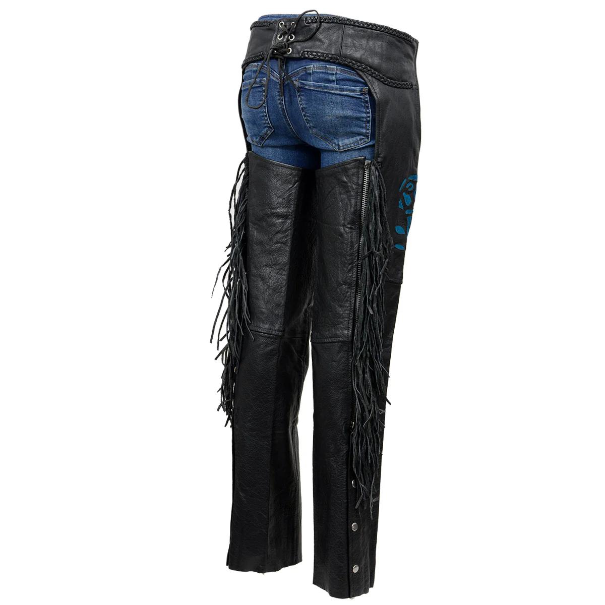 Milwaukee Leather SH1116 Women's Classic Braided & Fringed Black Leather Motorcycle Chaps w/ Turq Rose Embroidery - Image 8