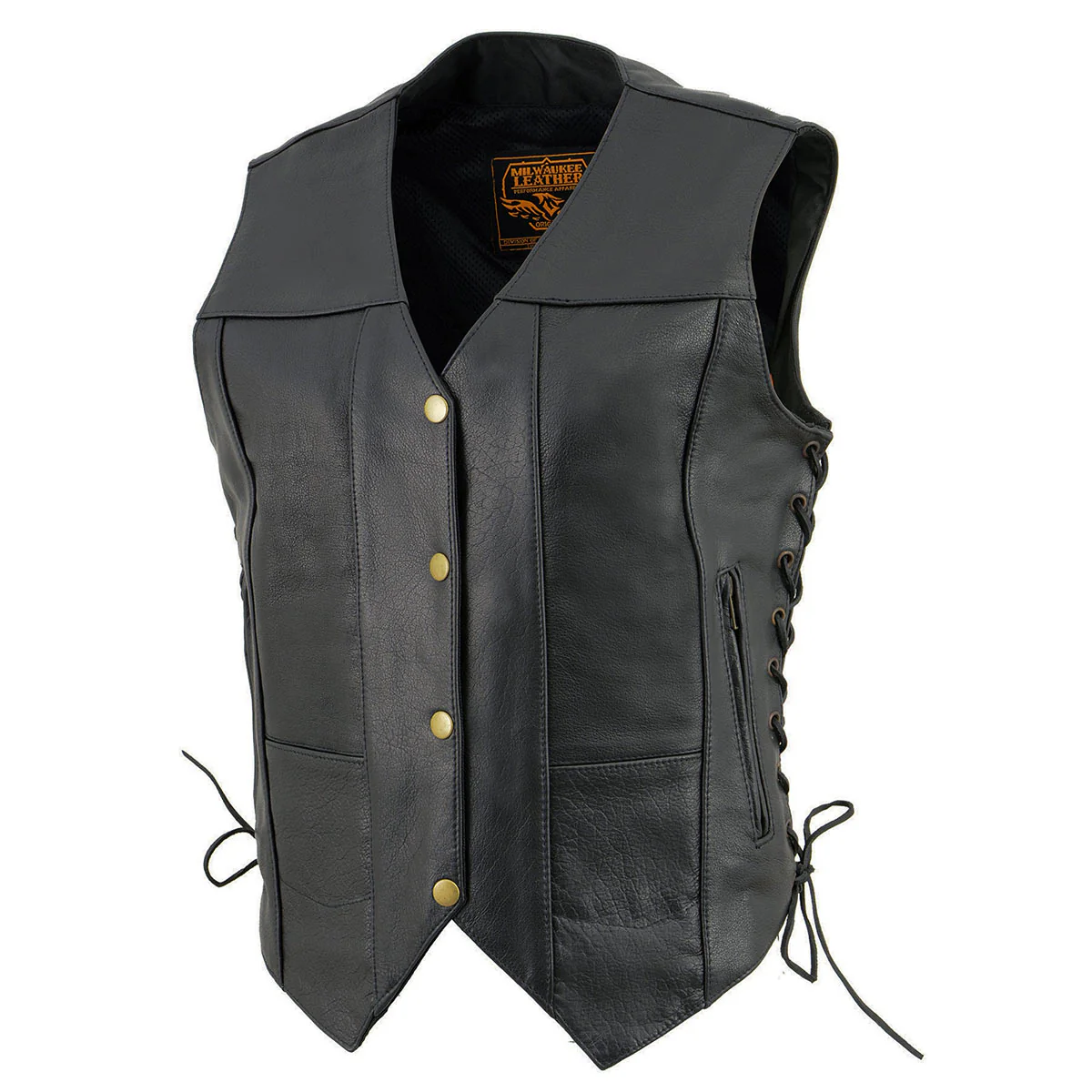 Milwaukee Leather SH1292 Women's Black Leather Side Lace 6 Pocket Motorcycle Rider Vest- Antique Color Snap Closure - Image 6