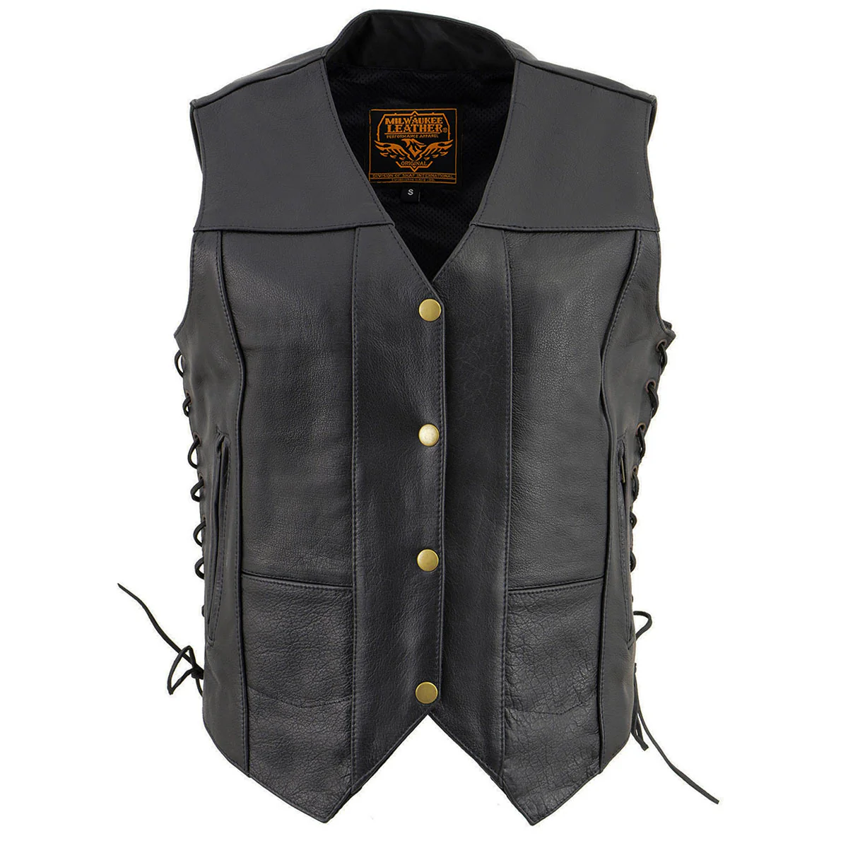 Milwaukee Leather SH1292 Women's Black Leather Side Lace 6 Pocket Motorcycle Rider Vest- Antique Color Snap Closure - Image 8
