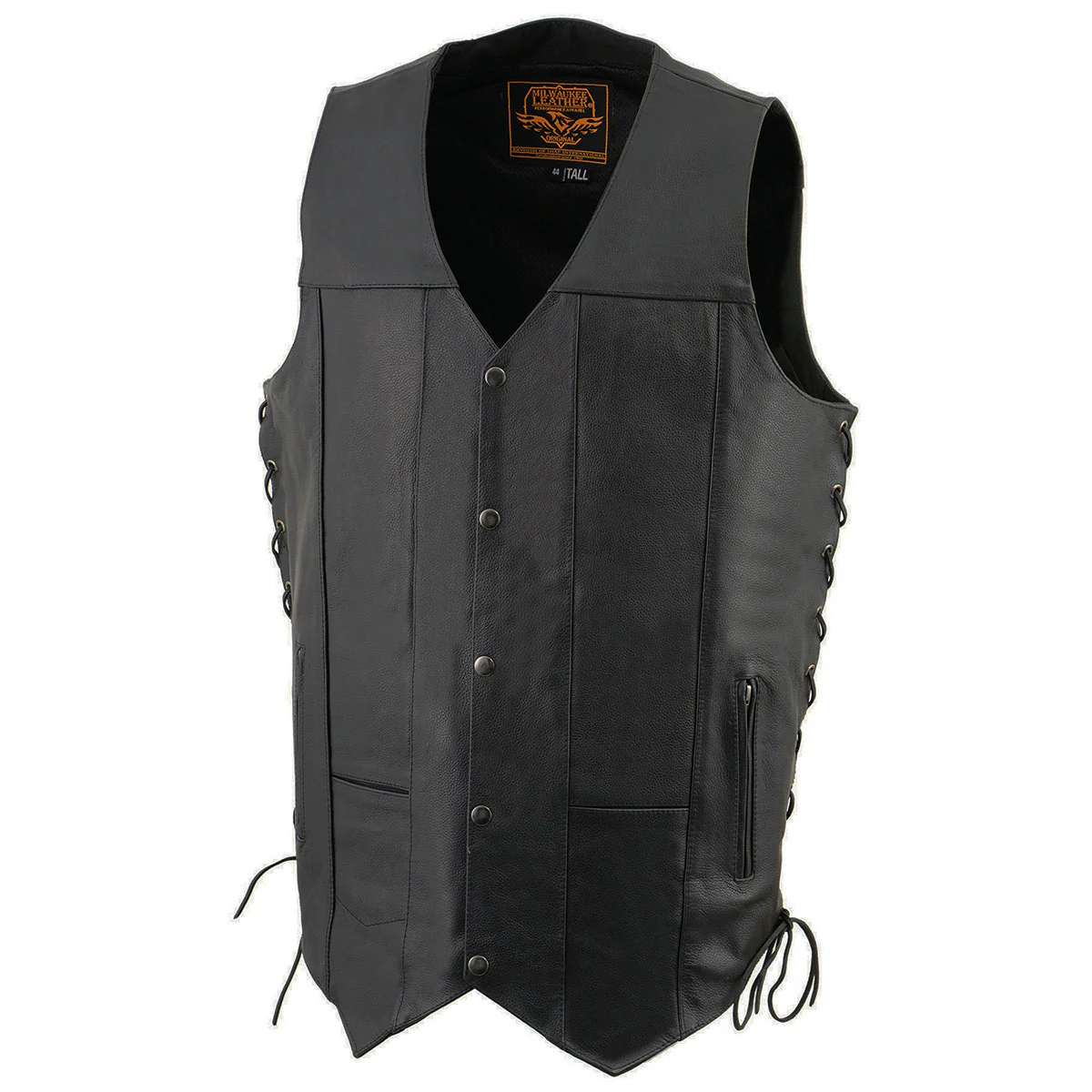 Milwaukee Leather SH1392Tall Men's Black Leather 10 Pocket V-Neck Side Lace Motorcycle Rider Vest w/ Snap Closure - Image 6