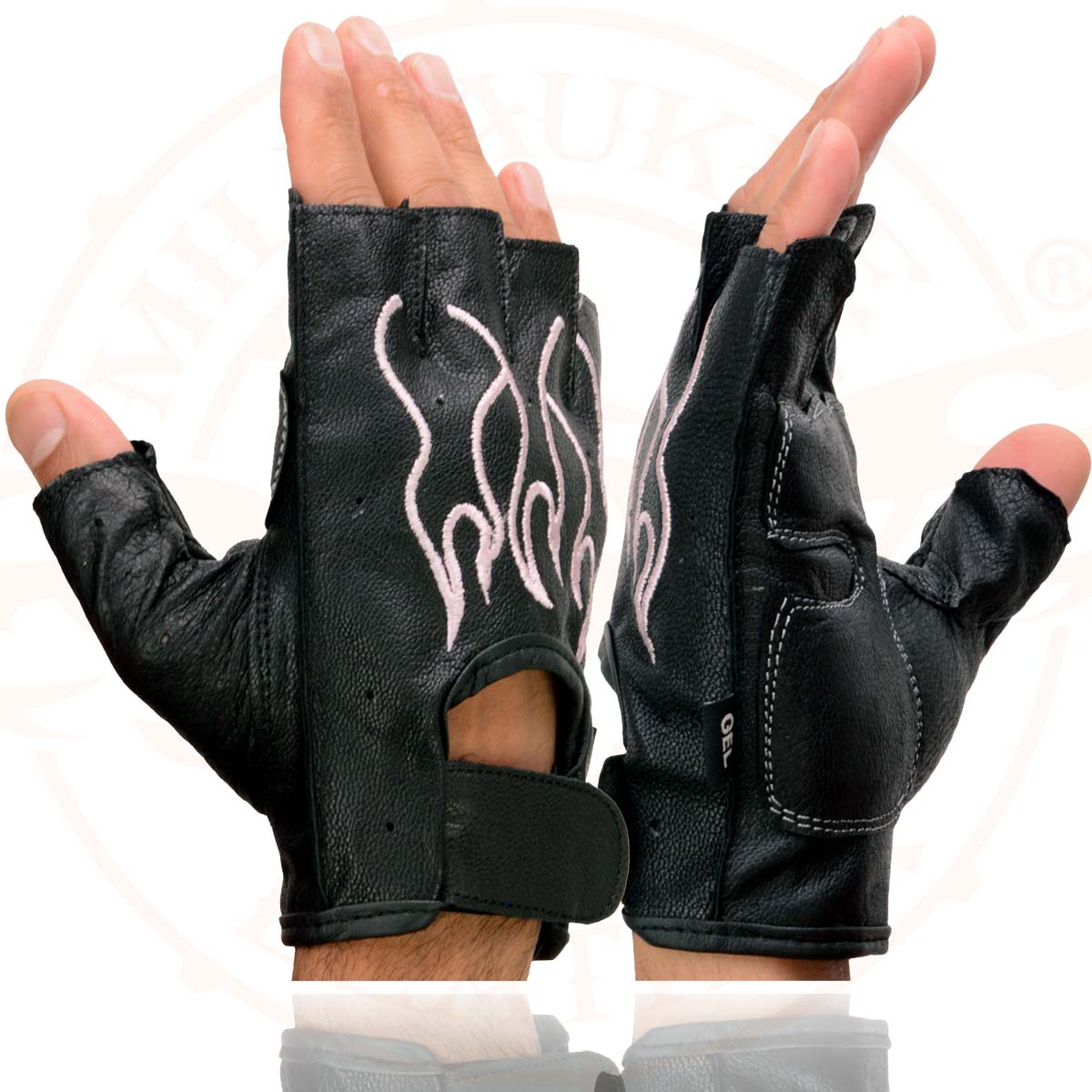Milwaukee Leather SH198 Women's Black Leather Gel Padded Palm Fingerless Motorcycle Gloves w/ Flame Embroidery - Image 5