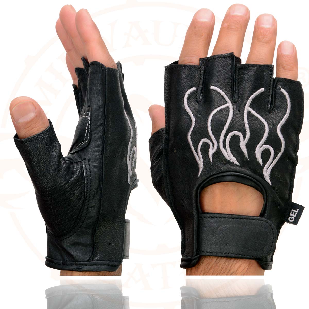 Milwaukee Leather SH198 Men's Black Leather Gel Padded Palm Fingerless Motorcycle Gloves w/ Grey Flame Embroidery - Image 4