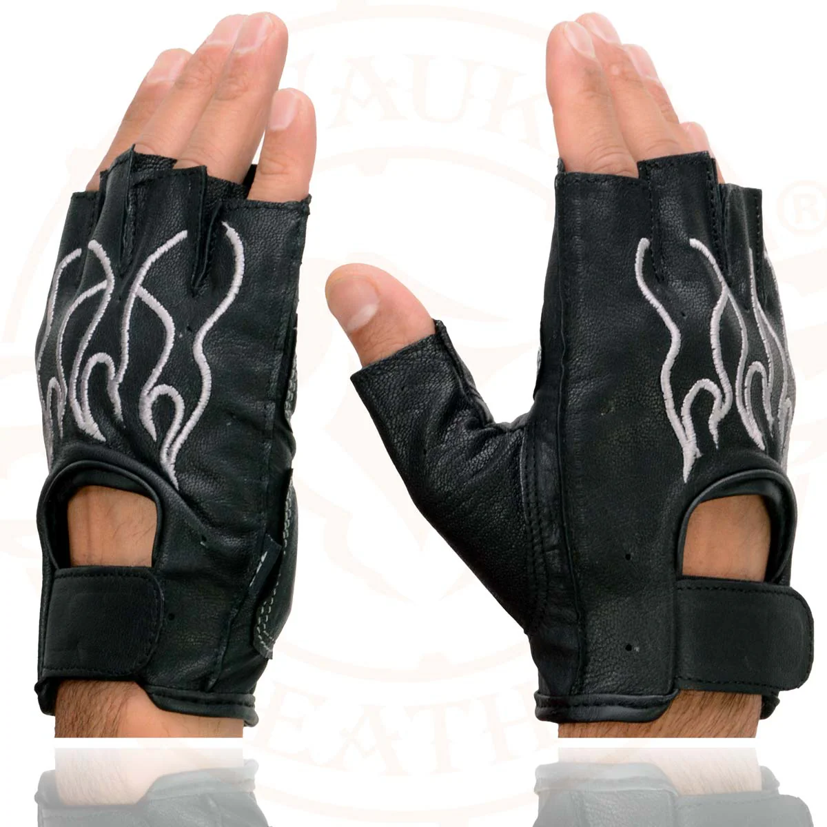 Milwaukee Leather SH198 Men's Black Leather Gel Padded Palm Fingerless Motorcycle Gloves w/ Grey Flame Embroidery - Image 5