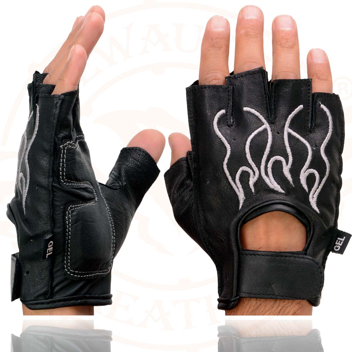 Milwaukee Leather SH198 Men's Black Leather Gel Padded Palm Fingerless Motorcycle Gloves w/ Grey Flame Embroidery - Image 6