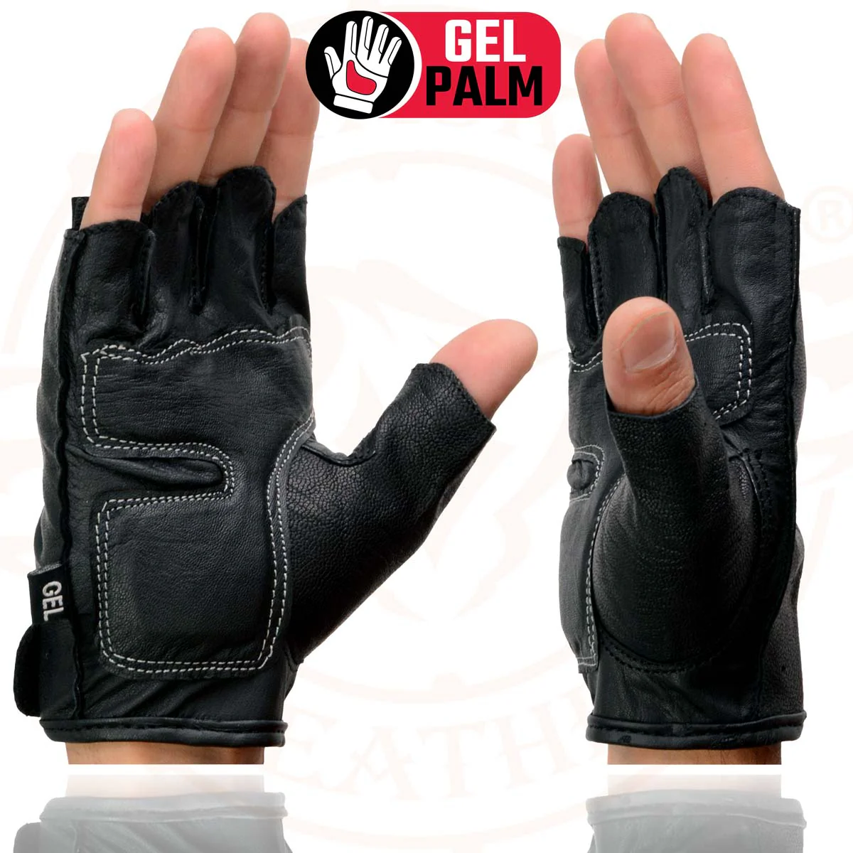 Milwaukee Leather SH198 Men's Black Leather Gel Padded Palm Fingerless Motorcycle Gloves w/ Grey Flame Embroidery - Image 7