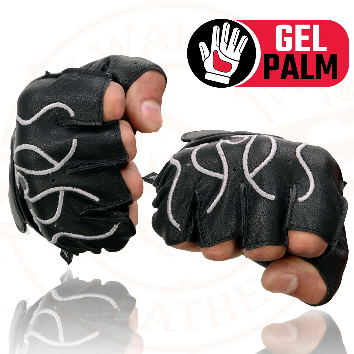 Milwaukee Leather SH198 Men's Black Leather Gel Padded Palm Fingerless Motorcycle Gloves w/ Grey Flame Embroidery - Image 8