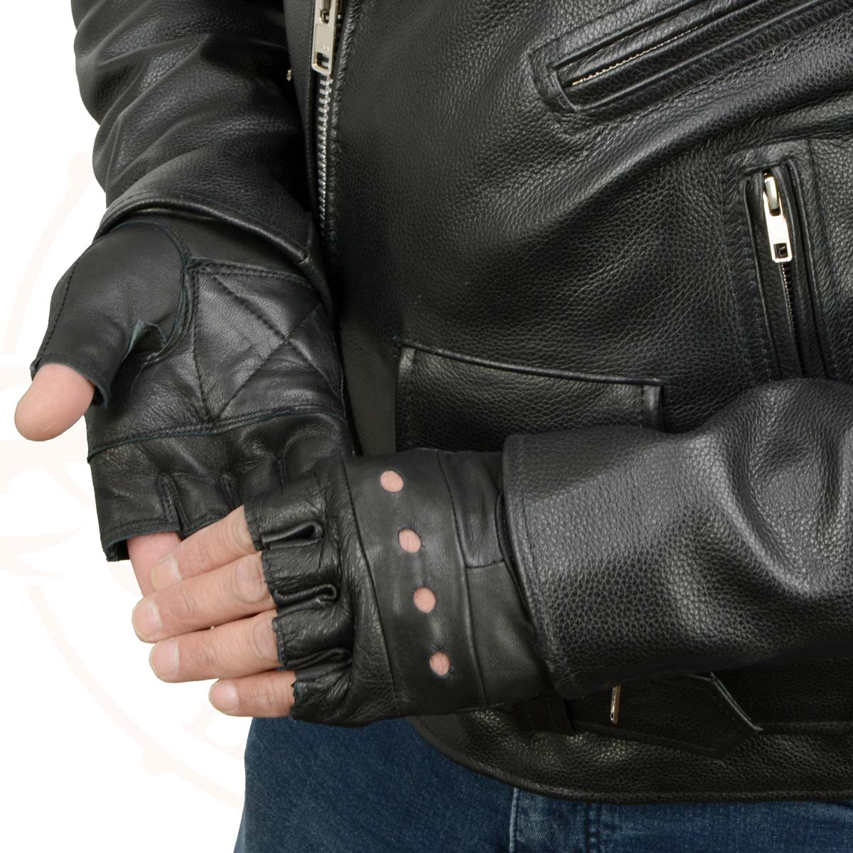 Milwaukee Leather SH216 Men's Black Leather Gel Padded Palm Fingerless Motorcycle Hand Gloves W/ Breathable ‘Open Knuckle’ - Image 2