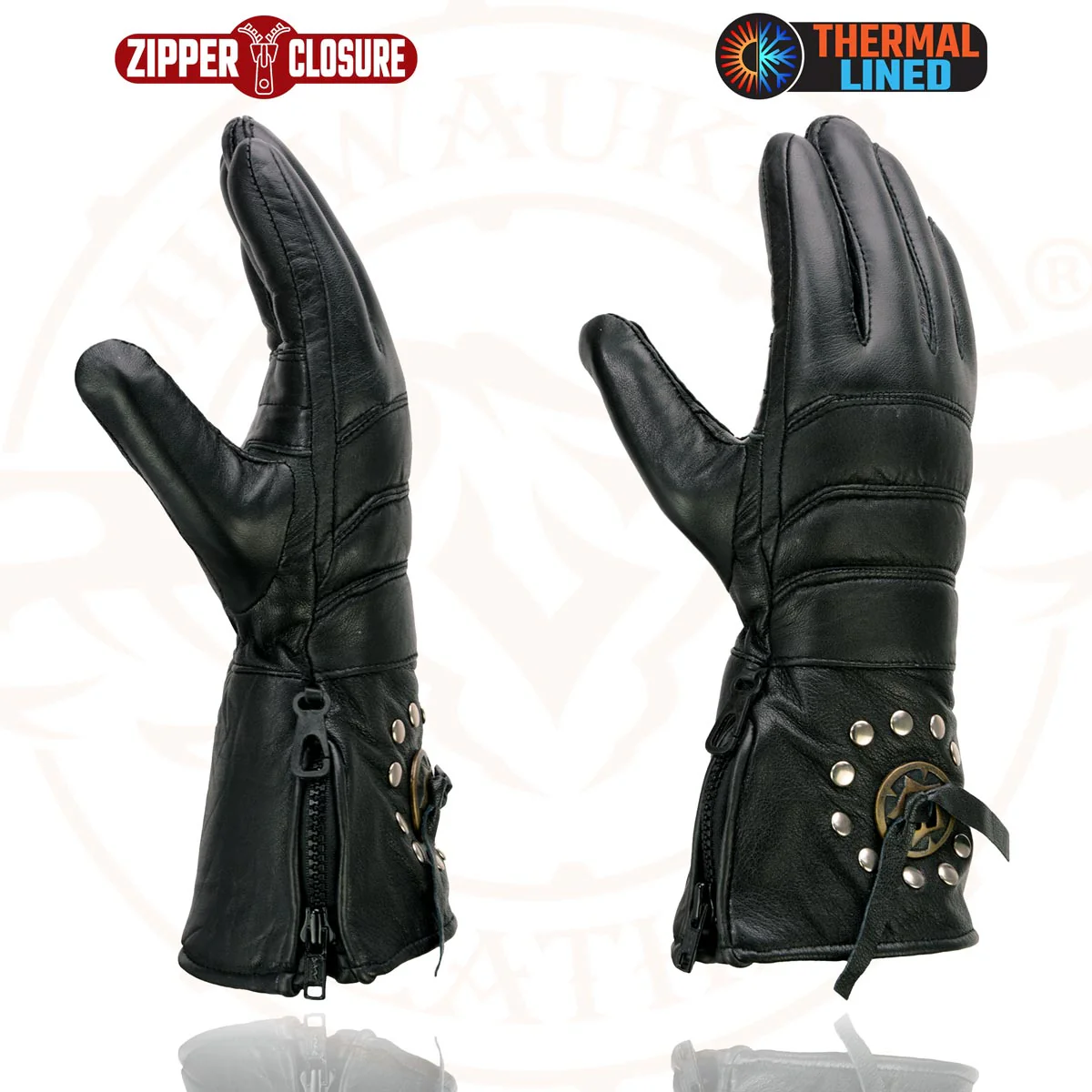 Milwaukee Leather Men's Gauntlet Motorcycle Hand Gloves-Black Leather Thermal Lined with Conchos on Cuff- SH238 - Image 2