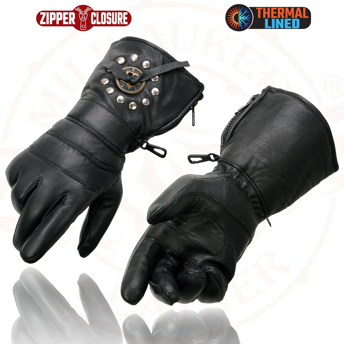 Milwaukee Leather Men's Gauntlet Motorcycle Hand Gloves-Black Leather Thermal Lined with Conchos on Cuff- SH238 - Image 6