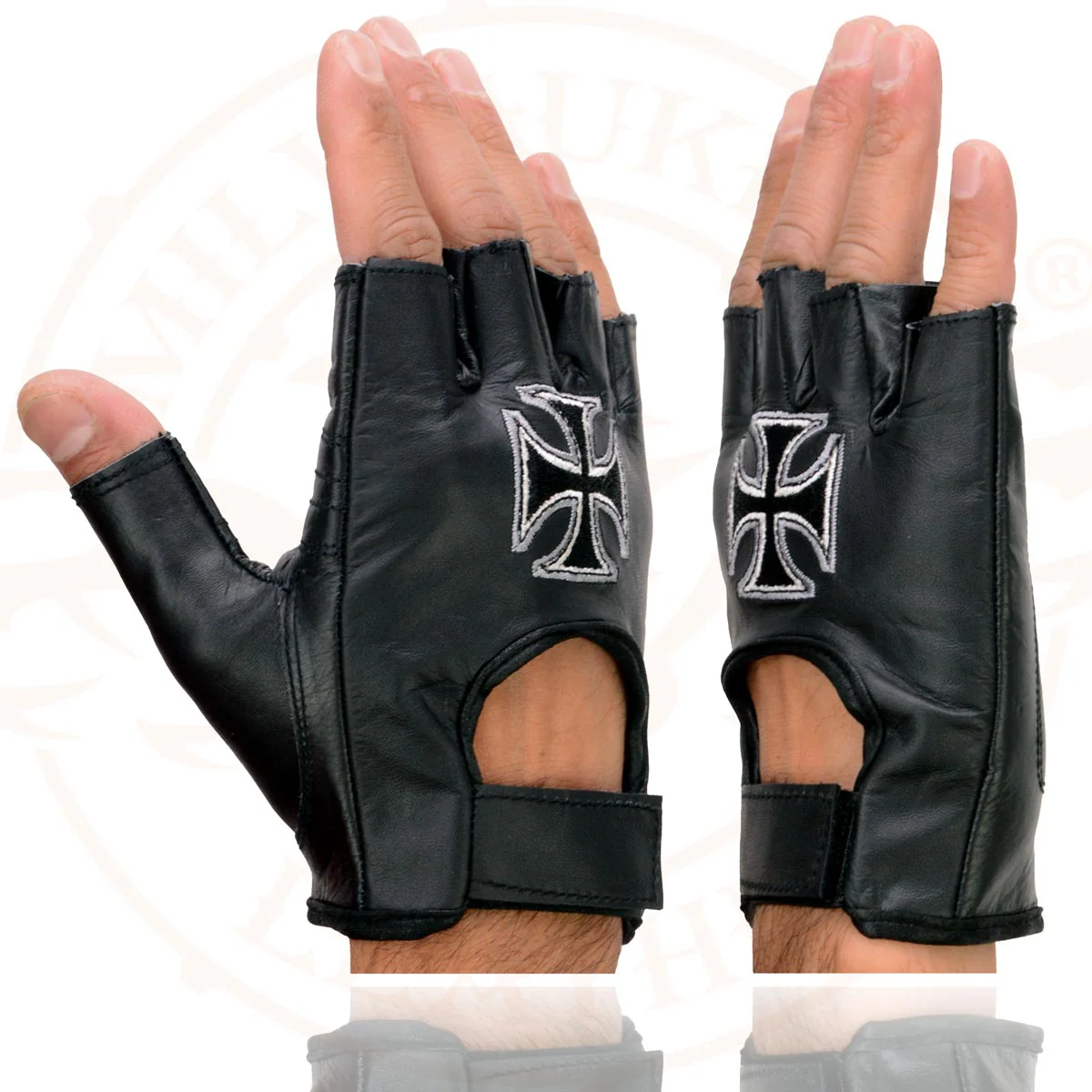 Milwaukee Leather SH354 Men's 'Iron Cross' Black Leather Fingerless Gloves - Image 4