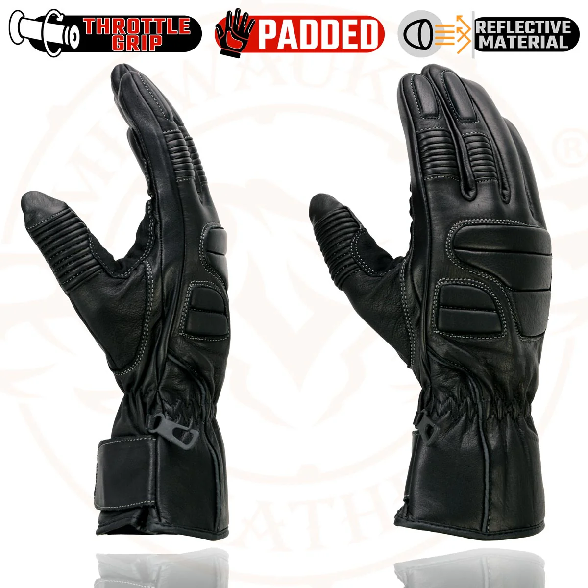 Milwaukee Leather SH607 Men's Black Leather Gauntlet Padded Back Racing Motorcycle Hand Gloves W/ Reflective Piping. - Image 4