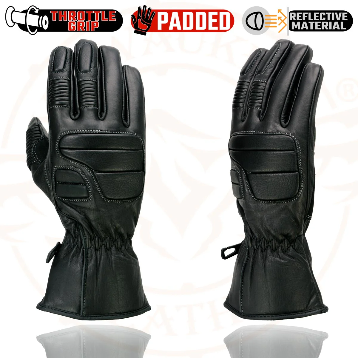 Milwaukee Leather SH607 Men's Black Leather Gauntlet Padded Back Racing Motorcycle Hand Gloves W/ Reflective Piping. - Image 5