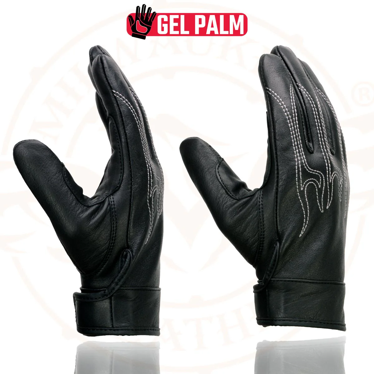 Milwaukee Leather SH820 Men's Black Leather ‘White Flame’ Cruising Hand Gloves W/ Gel Palm - Image 2