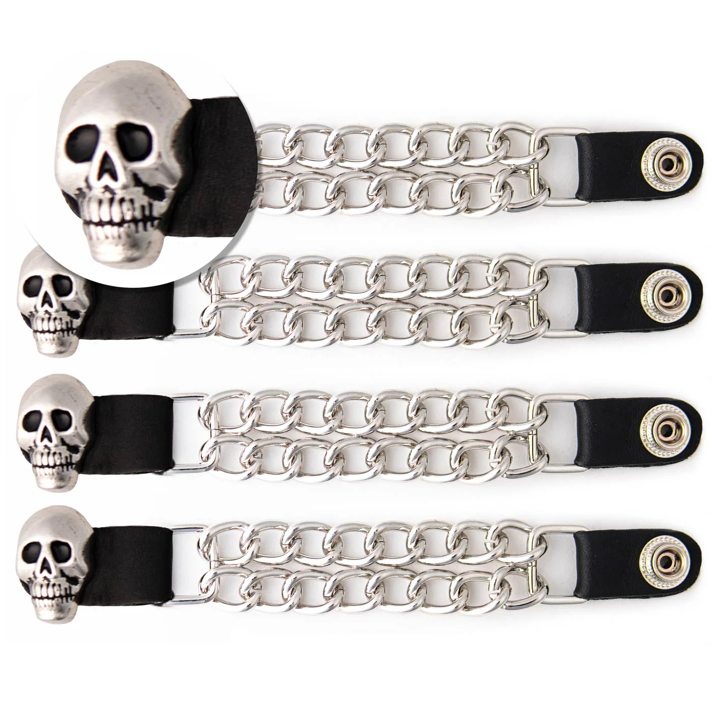Milwaukee Leather Skull Head Medallion Vest Extender - Double Chrome Chains Genuine Leather 6.5" Extension 4-PCS MLA6019SET