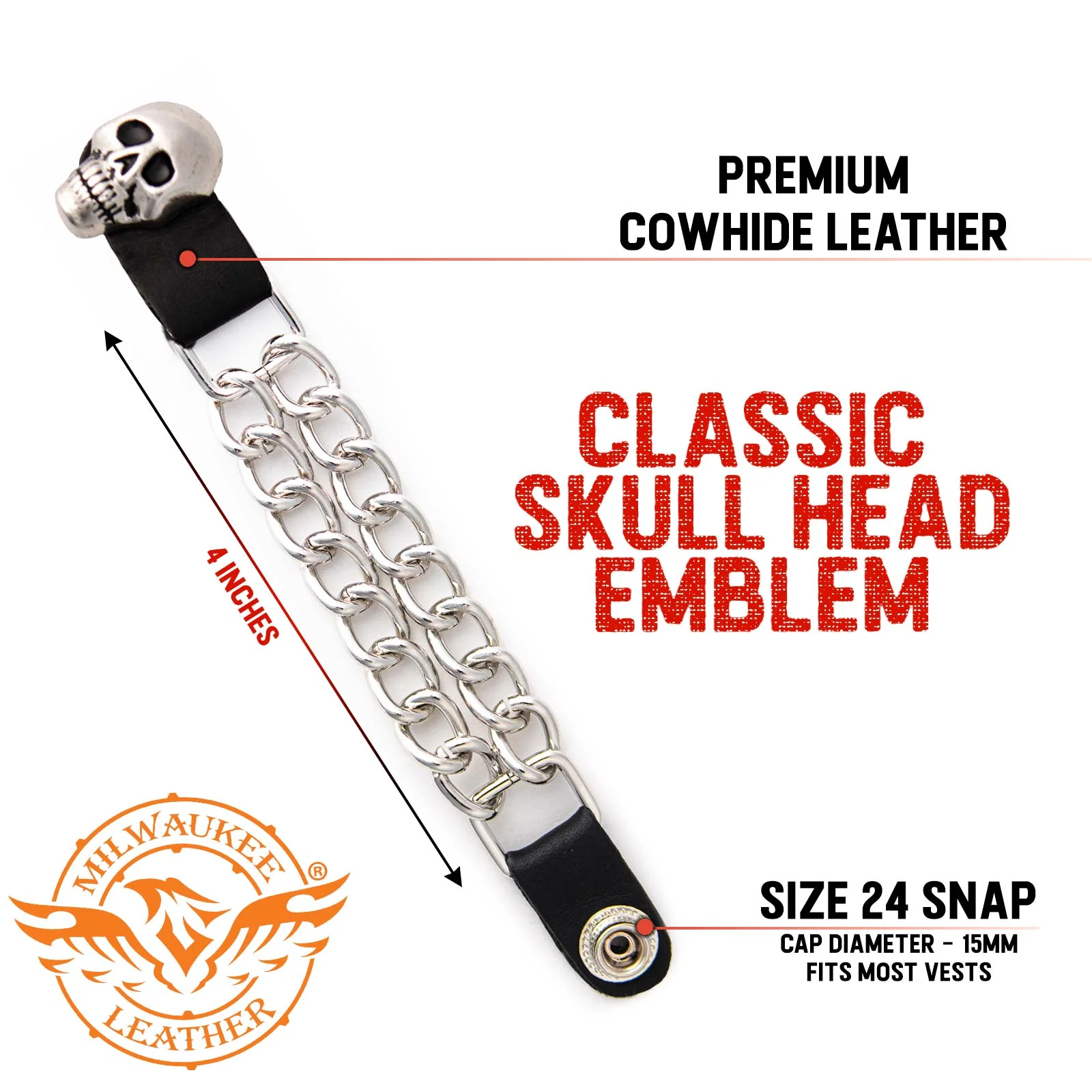 Milwaukee Leather Skull Head Medallion Vest Extender - Double Chrome Chains Genuine Leather 6.5" Extension 4-PCS MLA6019SET - Image 3