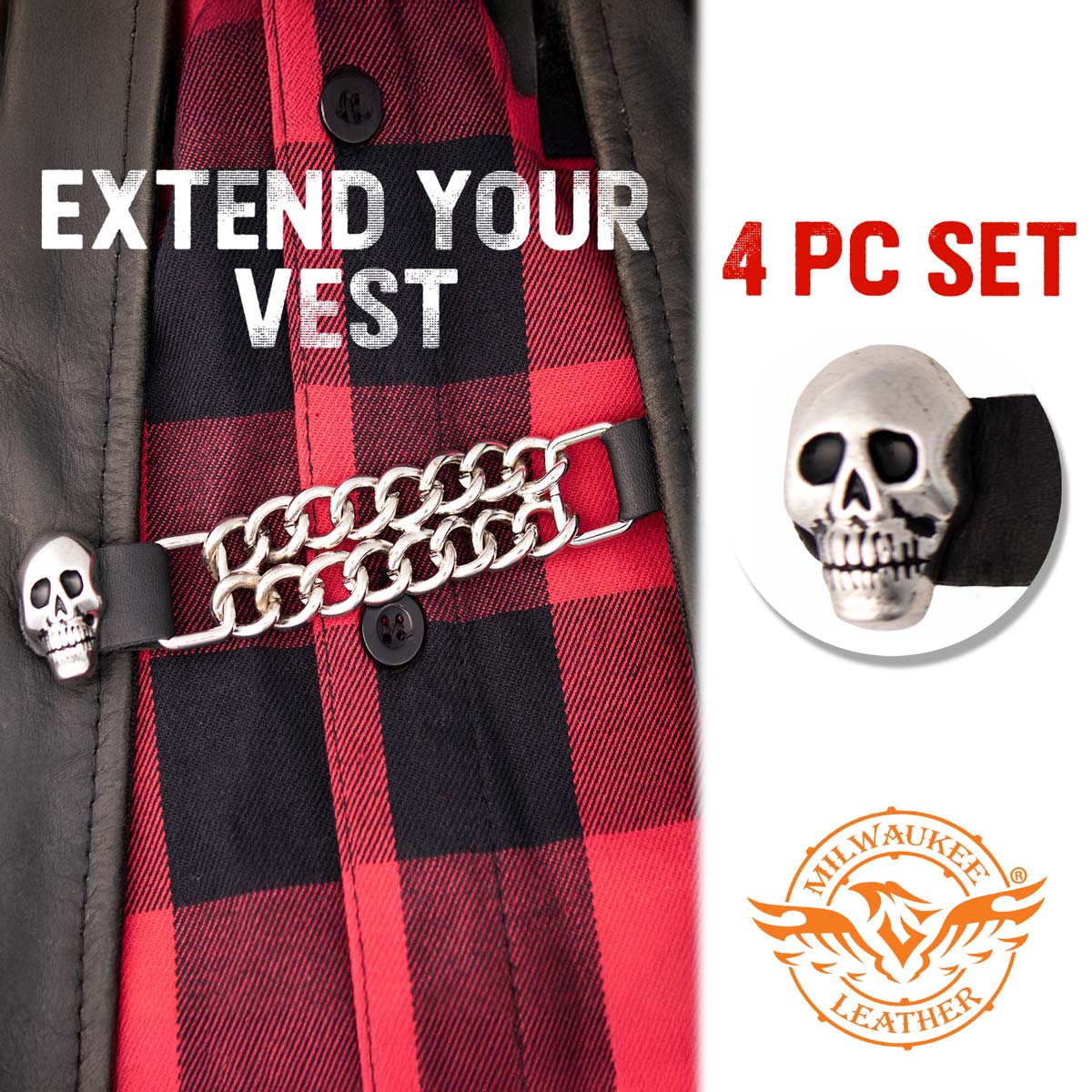 Milwaukee Leather Skull Head Medallion Vest Extender - Double Chrome Chains Genuine Leather 6.5" Extension 4-PCS MLA6019SET - Image 4