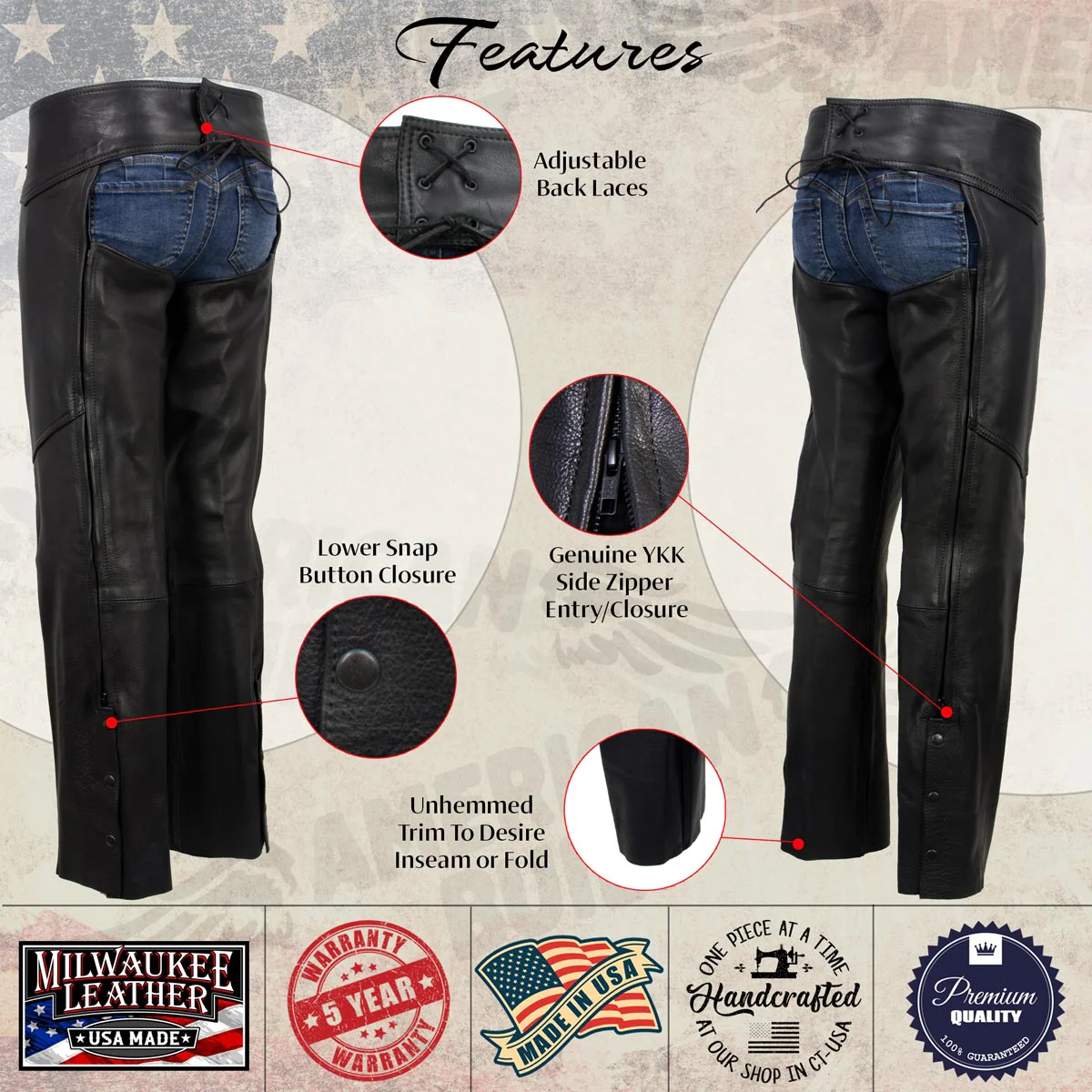 Milwaukee Leather USA MADE MLCHL5001 Women's Black Shade Premium Leather Motorcycle Chaps - Image 4