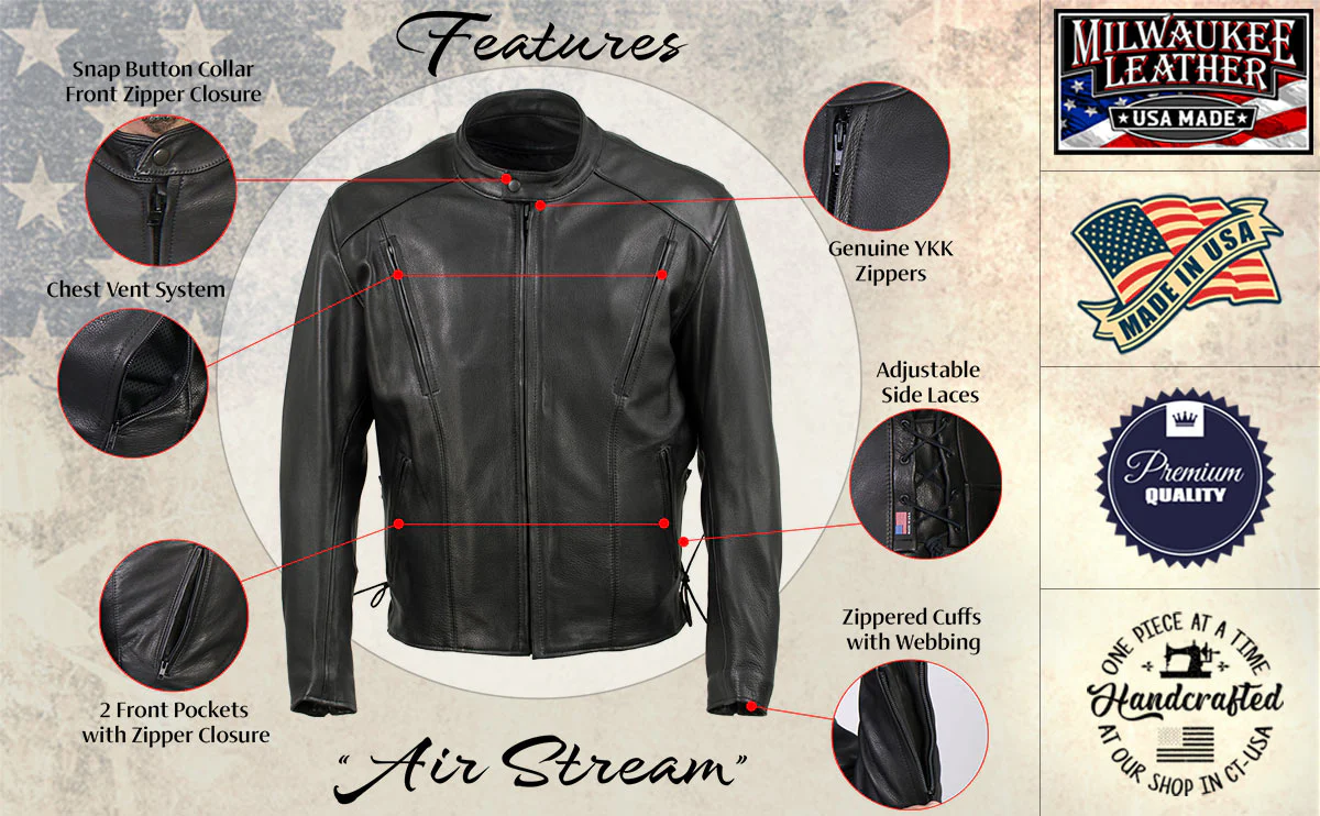 Milwaukee Leather USA MADE MLJKM5002 Men's Black Air Stream Vented Premium Leather Motorcycle Jacket with Side Laces - Image 2