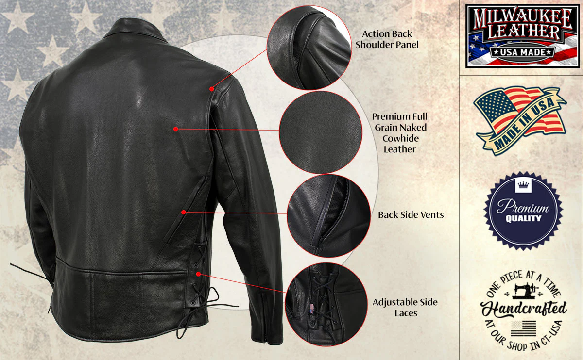 Milwaukee Leather USA MADE MLJKM5002 Men's Black Air Stream Vented Premium Leather Motorcycle Jacket with Side Laces - Image 5