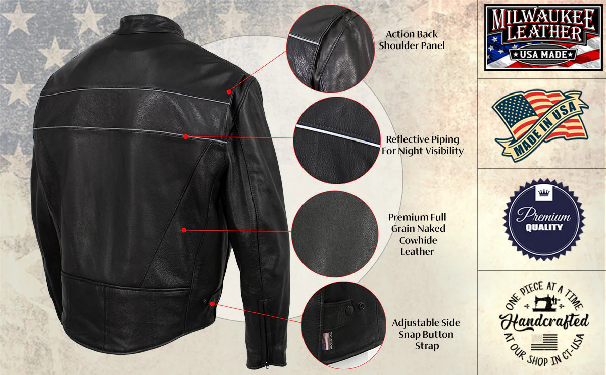 Milwaukee Leather USA MADE MLJKM5003 Men's Black Echo Premium Leather Motorcycle Jacket with Reflective Piping - Image 8