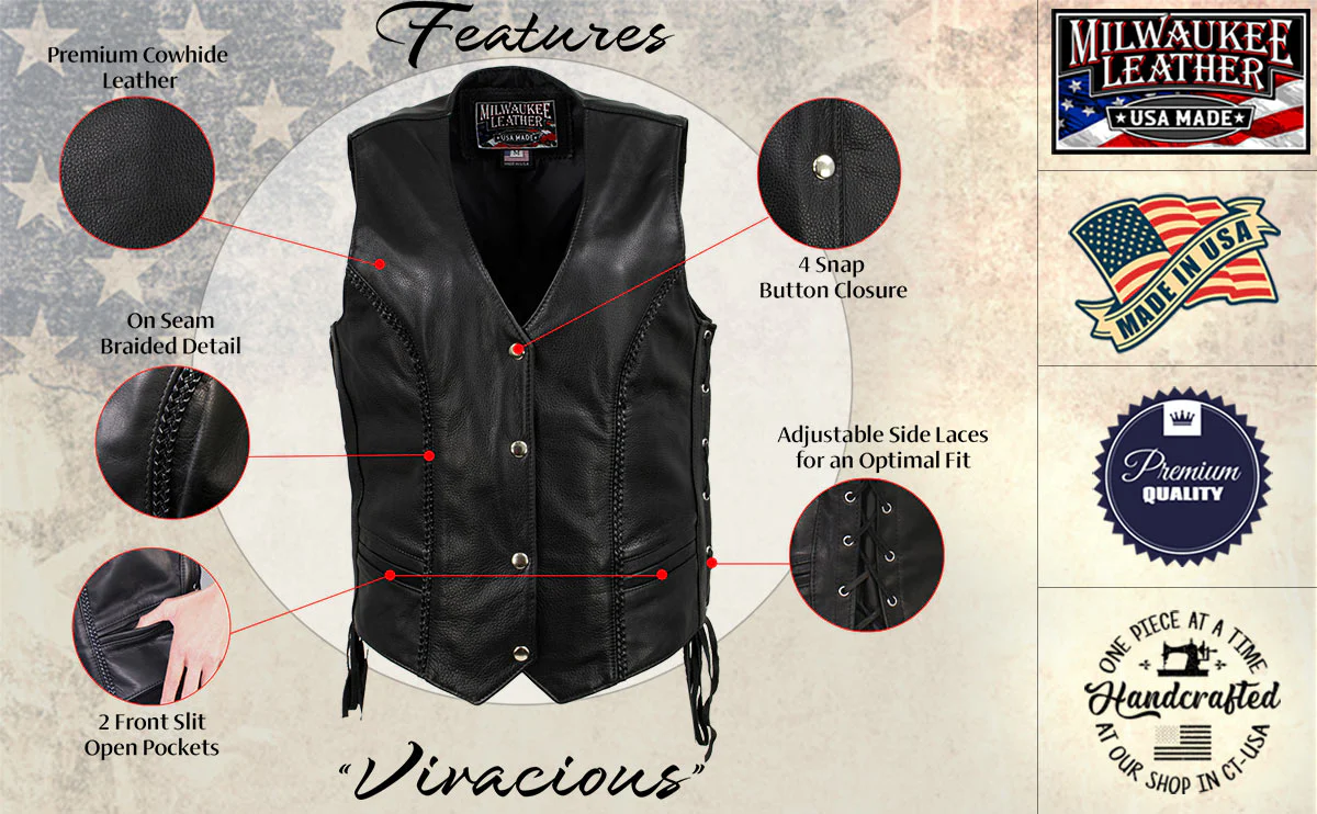 Milwaukee Leather USA MADE MLVSL5001 Women's Black Vivacious Braided Motorcycle Leather Vest - Image 2