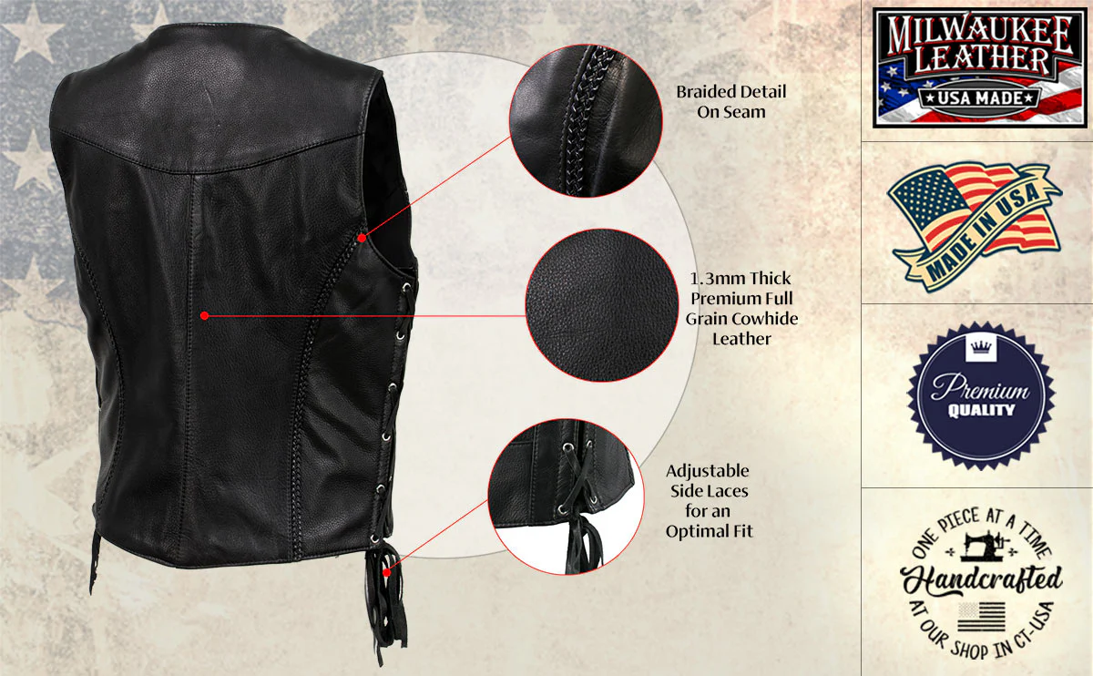 Milwaukee Leather USA MADE MLVSL5001 Women's Black Vivacious Braided Motorcycle Leather Vest - Image 5
