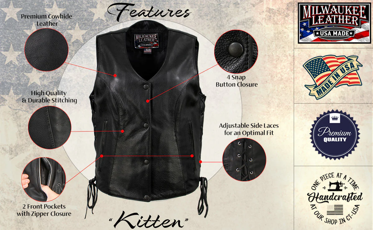 Milwaukee Leather USA MADE MLVSL5002 Women's Black Kitten Leather Motorcycle Vest with Side Laces - Image 2