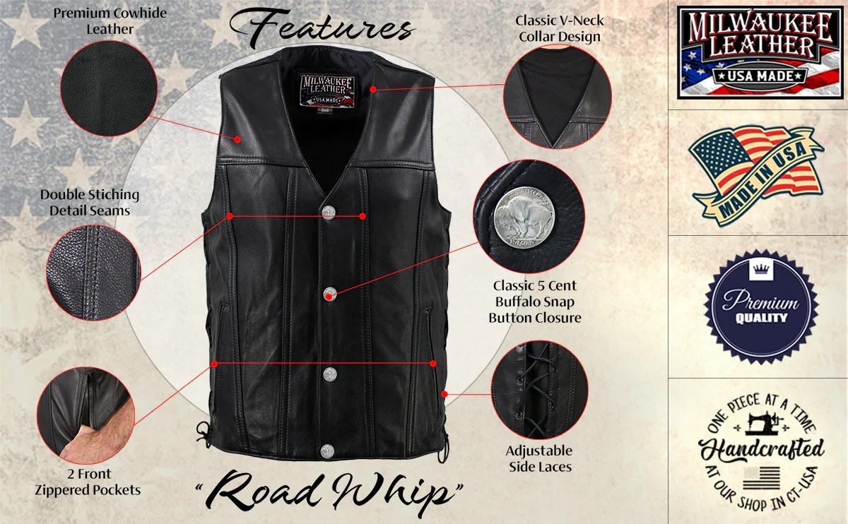 Milwaukee Leather USA MADE MLVSM5005 Men's Black Road Whip Premium Motorcycle Leather Vest with Buffalo Snap Buttons - Image 2