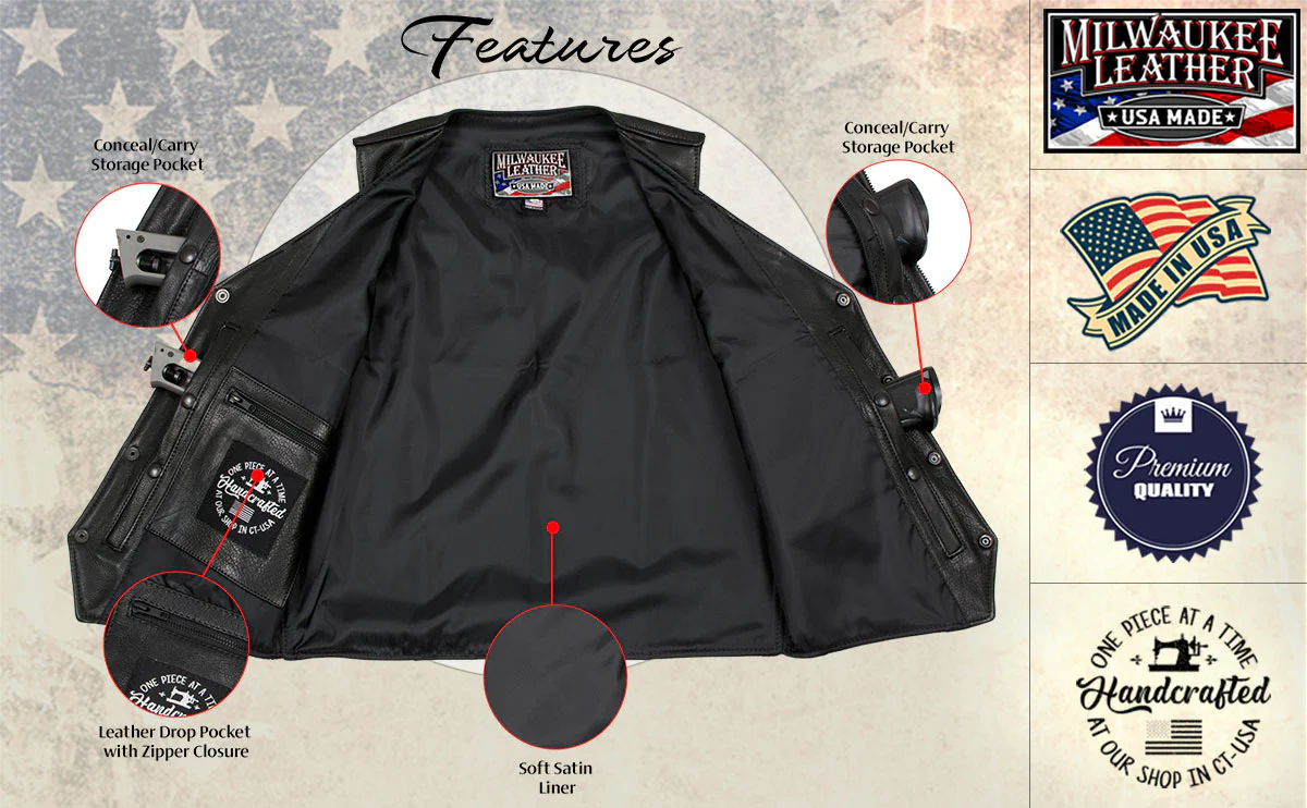 Milwaukee Leather USA MADE MLVSM5006 Men's Black Classic Western Premium Motorcycle Rider Leather Vest - Image 4