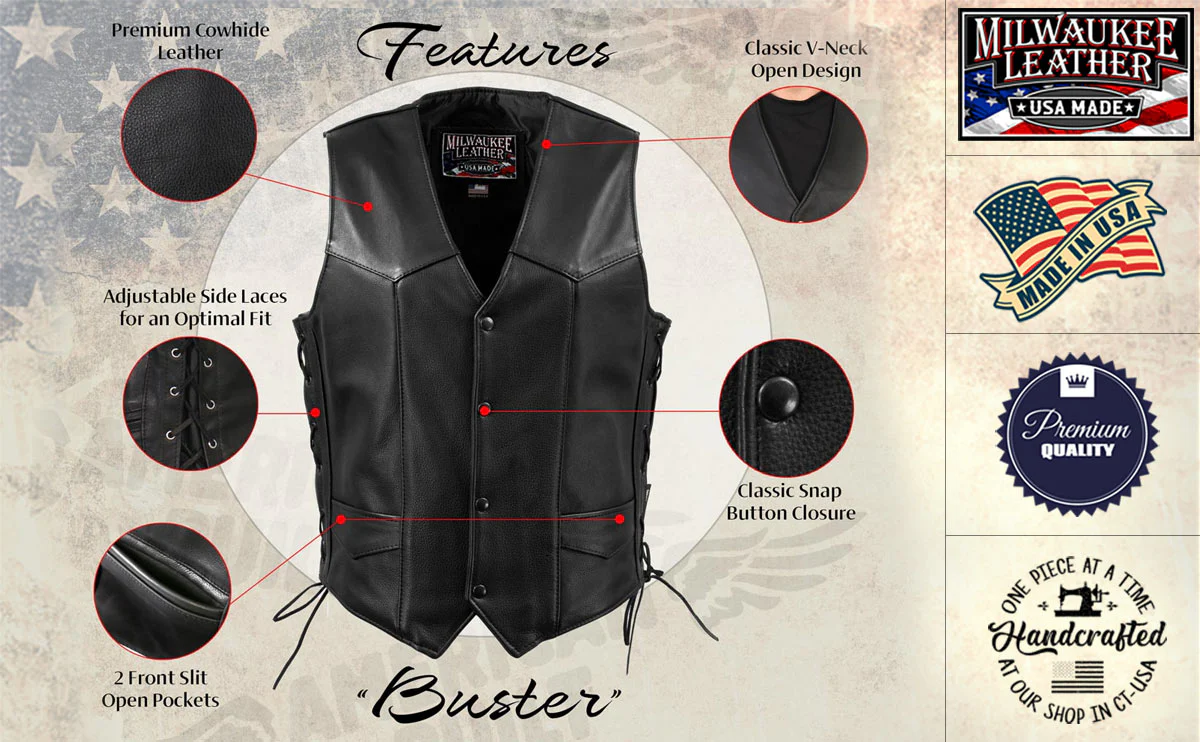 Milwaukee Leather USA MADE MLVSM5008 Men's Black Buster Side Lace Premium Motorcycle Leather Vest - Image 2