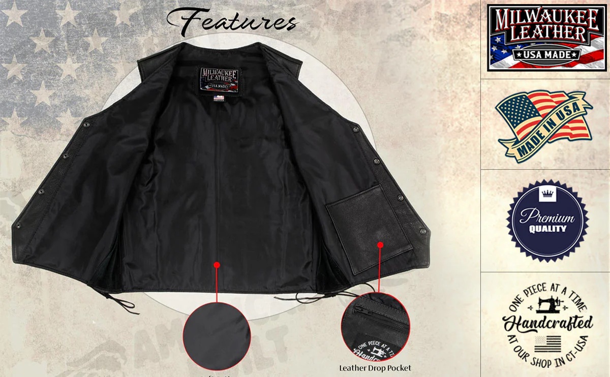 Milwaukee Leather USA MADE MLVSM5008 Men's Black Buster Side Lace Premium Motorcycle Leather Vest - Image 4