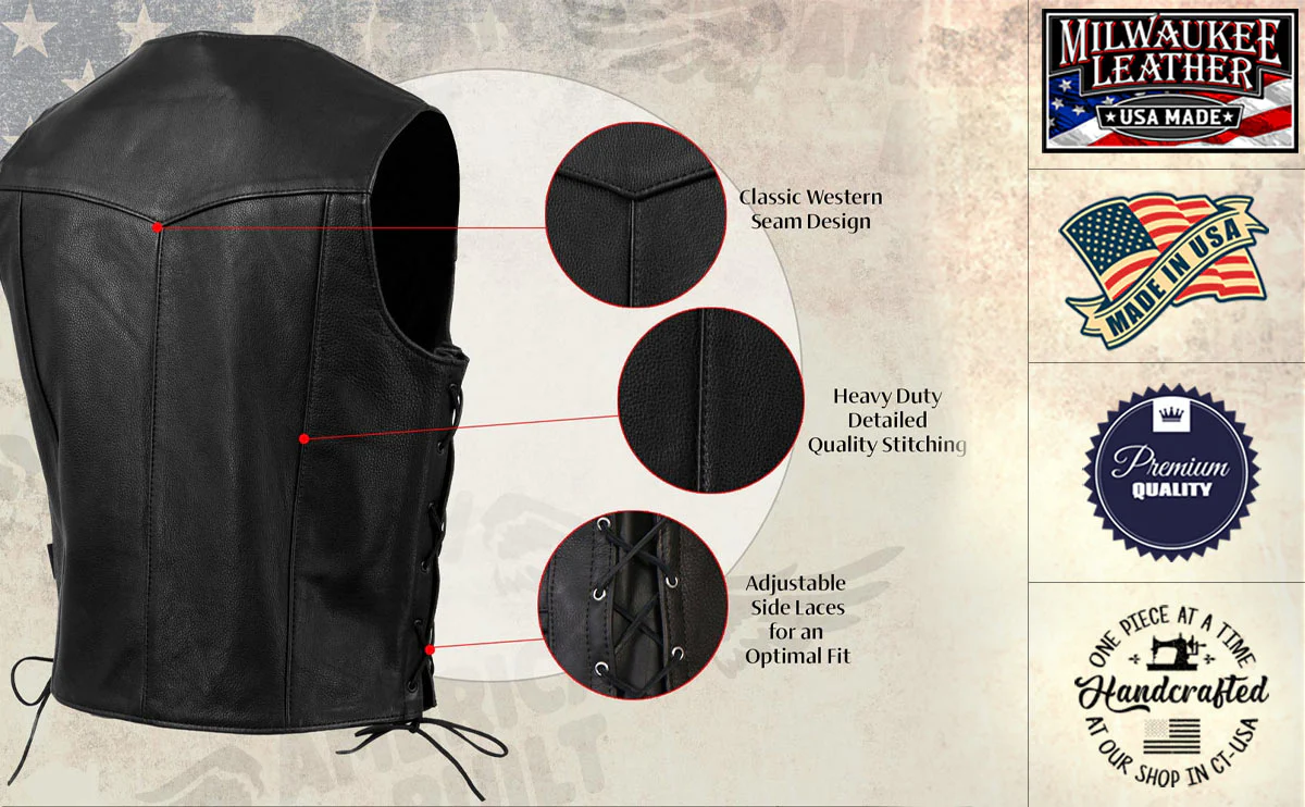Milwaukee Leather USA MADE MLVSM5008 Men's Black Buster Side Lace Premium Motorcycle Leather Vest - Image 5
