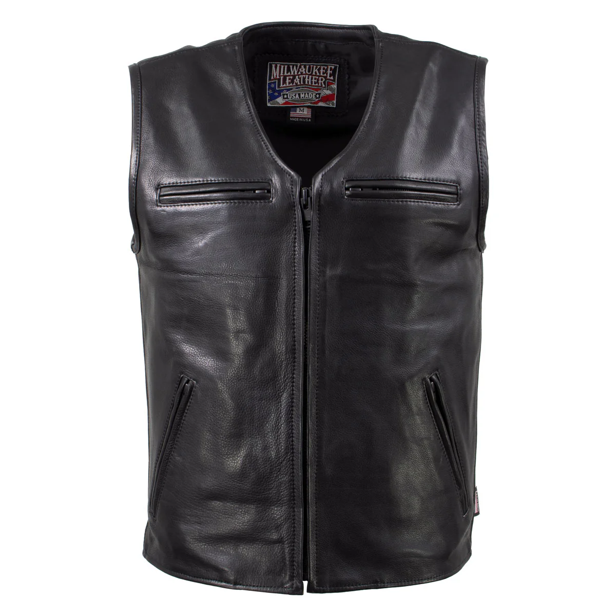 Milwaukee Leather USA MADE MLVSM5009 Men's Black Slinger V-Neck Motorcycle Premium Leather Zippered Vest - Image 7