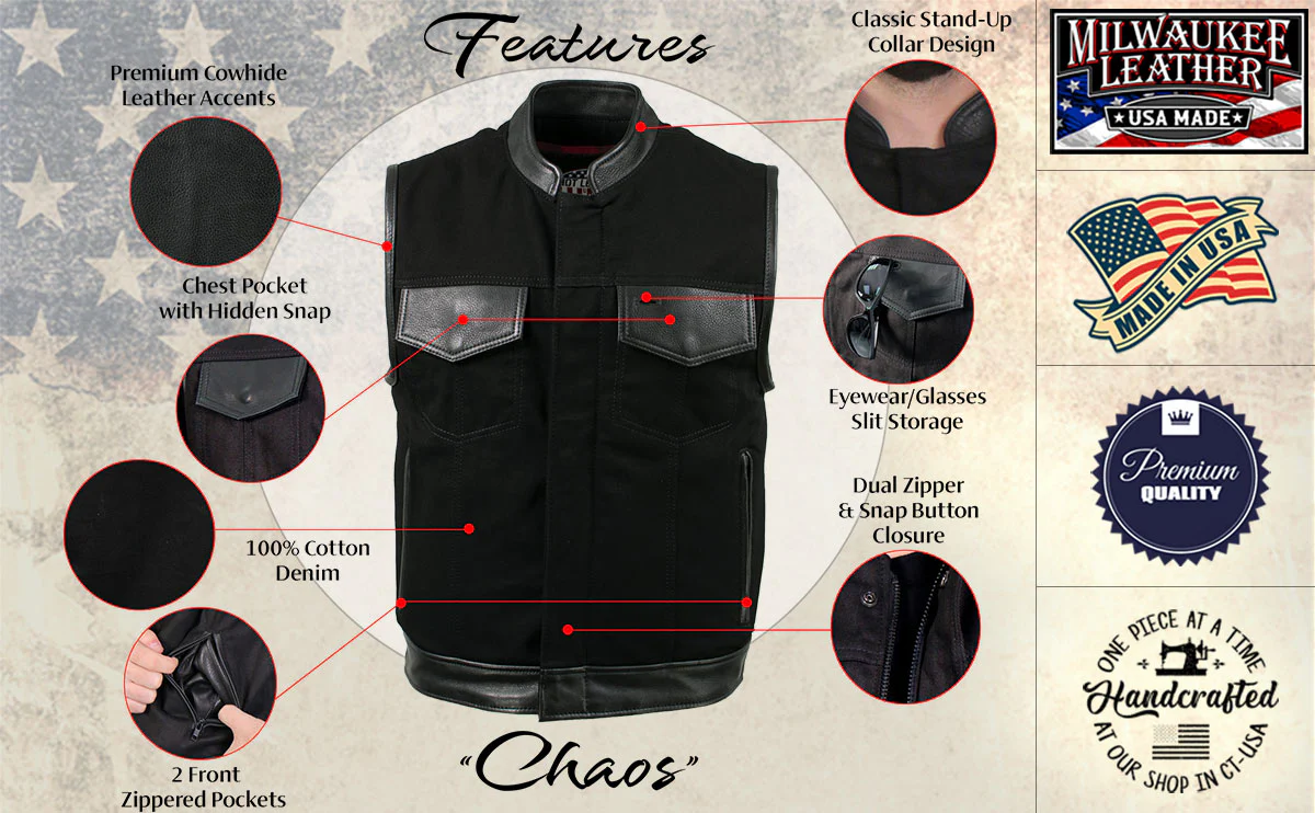 Milwaukee Leather USA MADE MLVSM5101 Men's Black Burn Out Denim and Leather Motorcycle Vest with Plaid Red Lining - Image 2