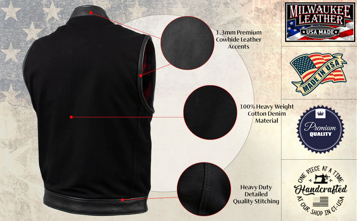 Milwaukee Leather USA MADE MLVSM5101 Men's Black Burn Out Denim and Leather Motorcycle Vest with Plaid Red Lining - Image 4