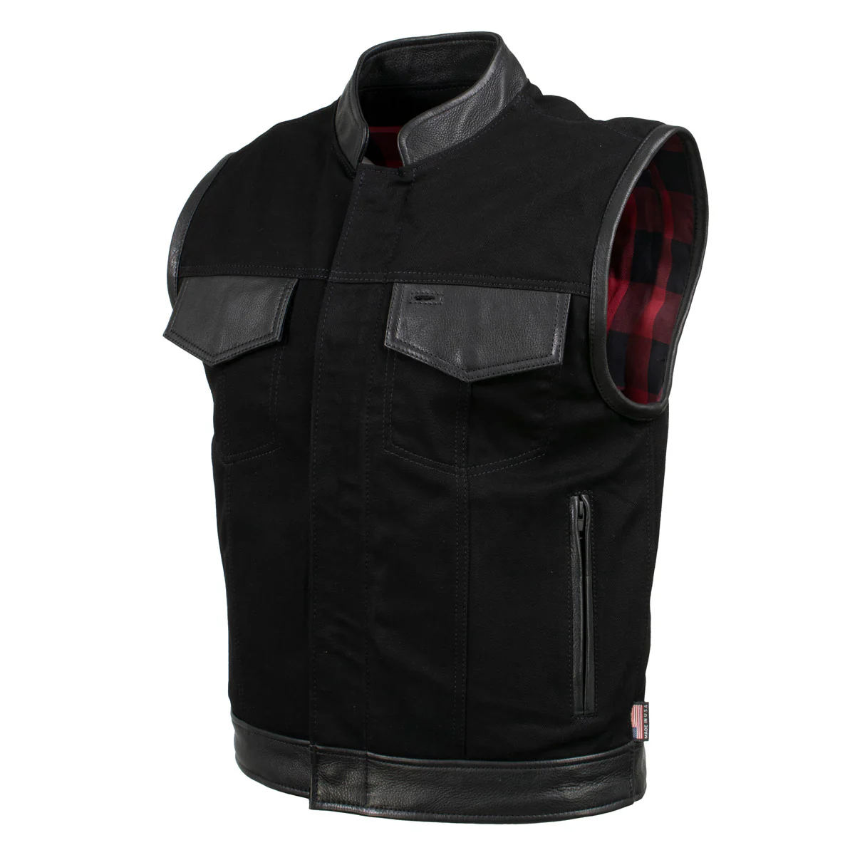 Milwaukee Leather USA MADE MLVSM5101 Men's Black Burn Out Denim and Leather Motorcycle Vest with Plaid Red Lining - Image 7