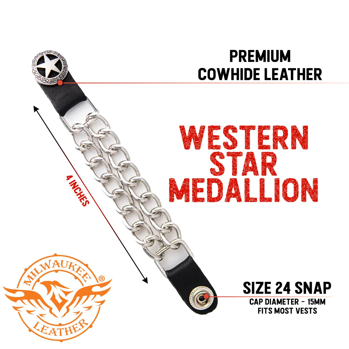 Milwaukee Leather Western Star Medallion Vest Extender - Double Chrome Chains Genuine Leather 6.5" Extension 4-PCS MLA6001SET - Image 2