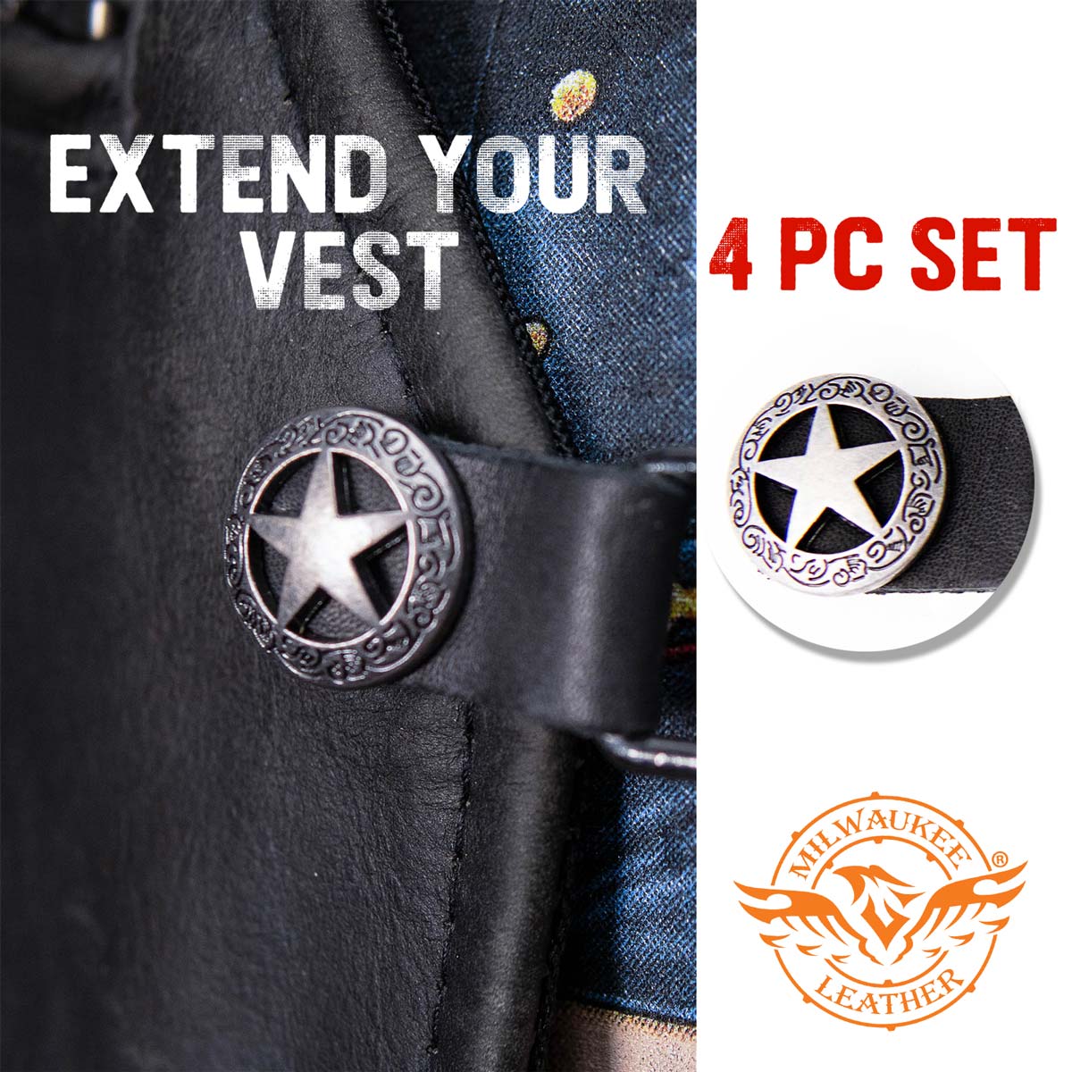 Milwaukee Leather Western Star Medallion Vest Extender - Double Chrome Chains Genuine Leather 6.5" Extension 4-PCS MLA6001SET - Image 3