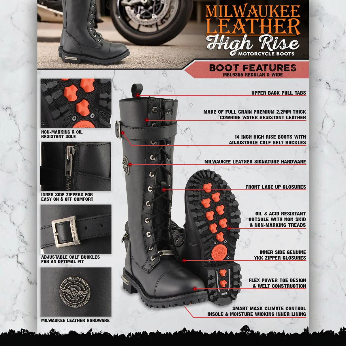 Milwaukee Leather Women's Black 14-inch Lace-Up High-Rise Leather Biker Rider Boots with Calf Buckle MBL9355 - Image 2