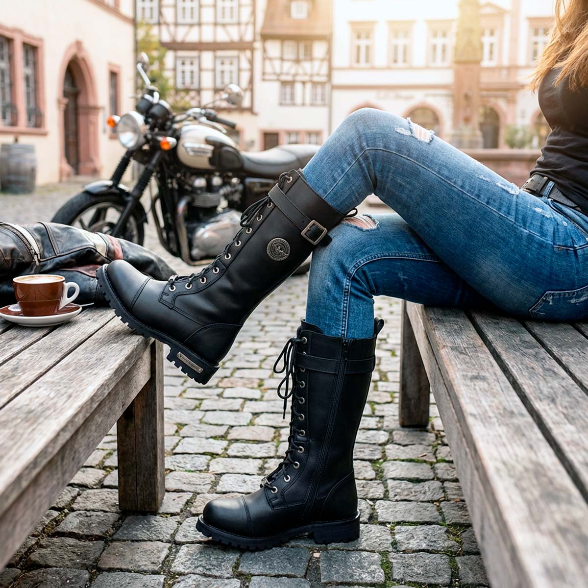 Milwaukee Leather Women's Black 14-inch Lace-Up High-Rise Leather Biker Rider Boots with Calf Buckle MBL9355 - Image 4