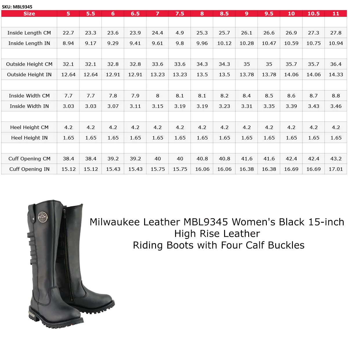 Milwaukee Leather MBL9345 Women's Black 15-inch High Rise Leather Riding Boots with Four Calf Buckles - Image 3