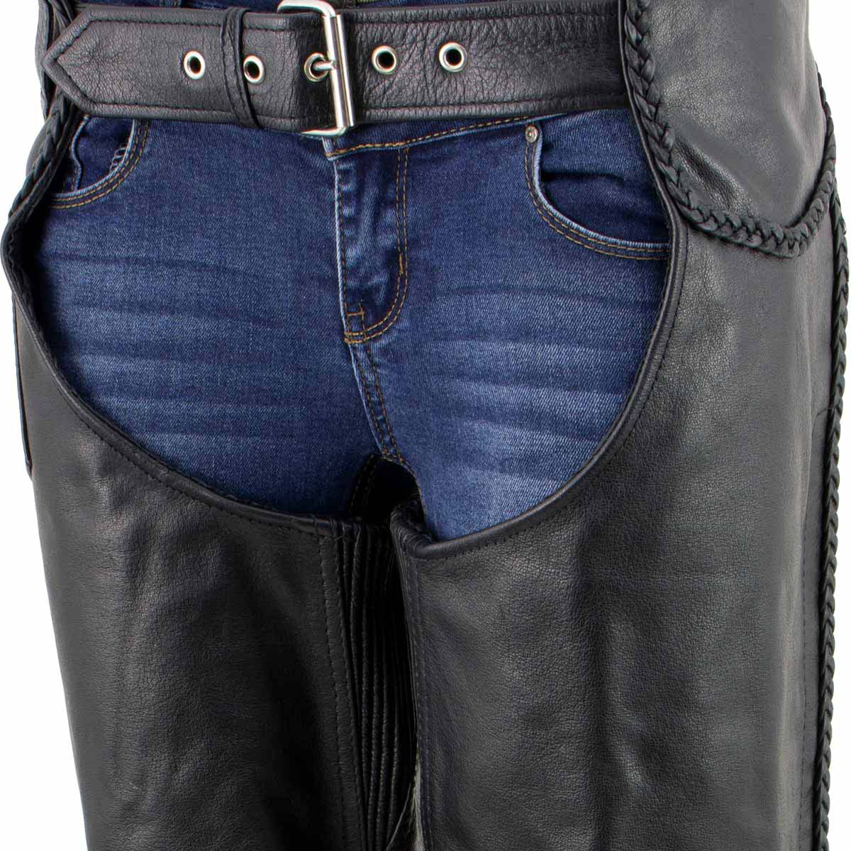Milwaukee Leather Women's Black Braided Leather Motorcycle Chaps w/ Stretch Panels, Adjustable Fit - LKL16700 - Image 7