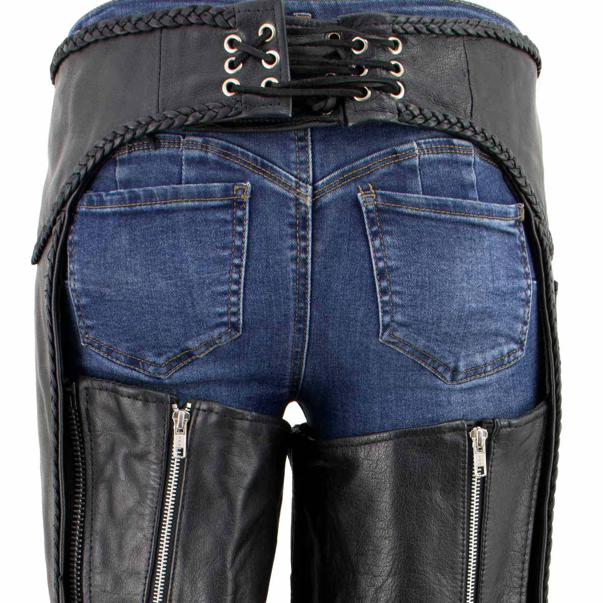 Milwaukee Leather Women's Black Braided Leather Motorcycle Chaps w/ Stretch Panels, Adjustable Fit - LKL16700 - Image 8
