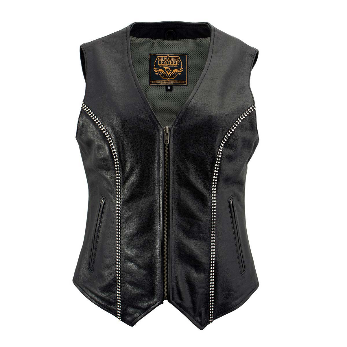 Milwaukee Leather Women's 'Bling' Black Leather V-Neck Motorcycle Rider Vest with Rhinestone Detail - LK4721 - Image 11