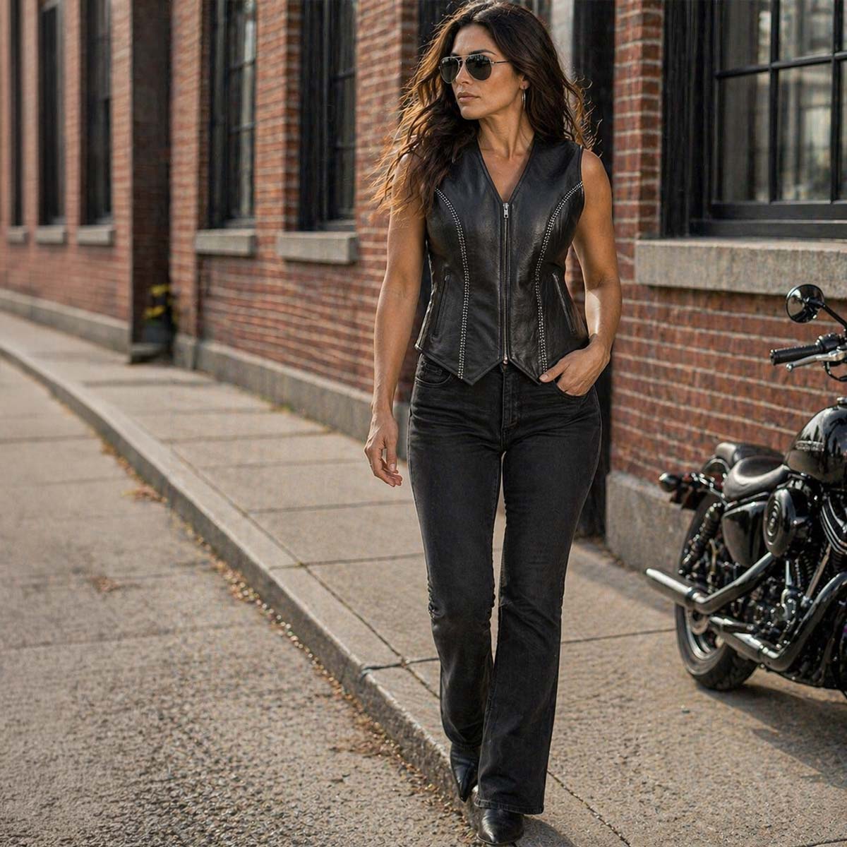 Milwaukee Leather Women's 'Bling' Black Leather V-Neck Motorcycle Rider Vest with Rhinestone Detail - LK4721 - Image 2