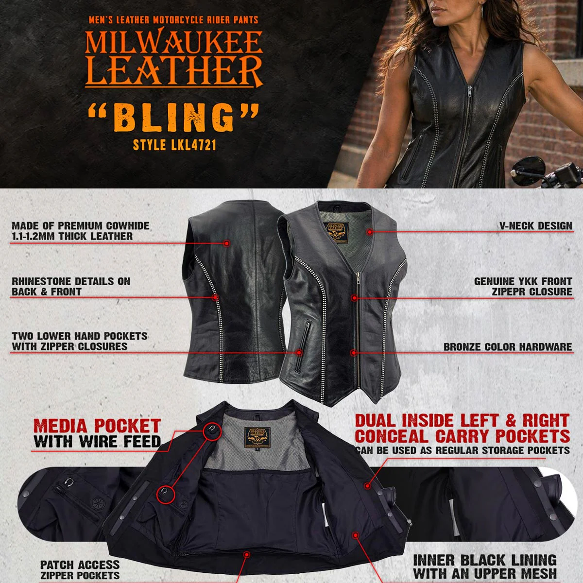 Milwaukee Leather Women's 'Bling' Black Leather V-Neck Motorcycle Rider Vest with Rhinestone Detail - LK4721 - Image 4