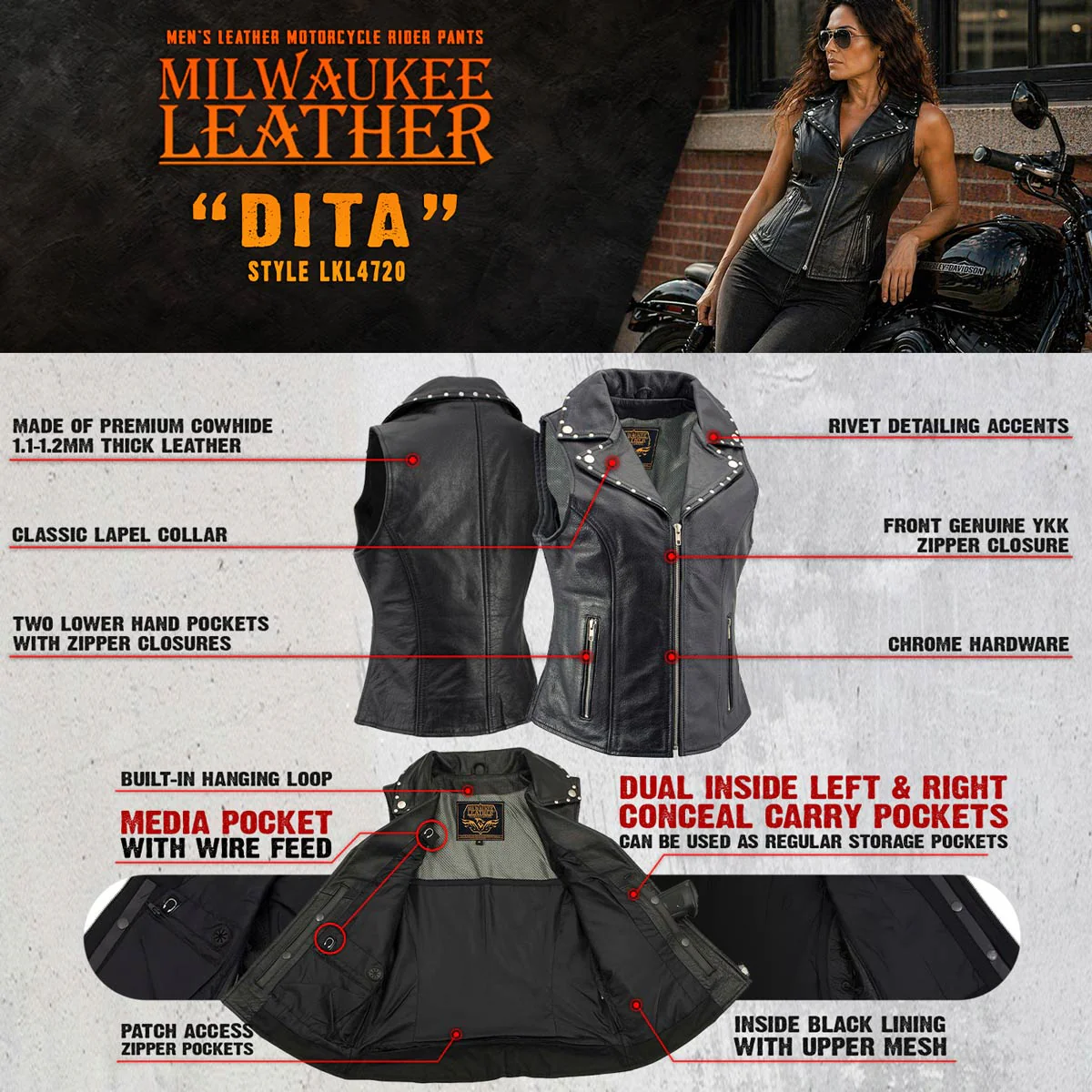 Milwaukee Leather Women's Dita Black Motorcycle Leather Vest w/ Riveted Lapel Collar - LKL4720 - Image 4