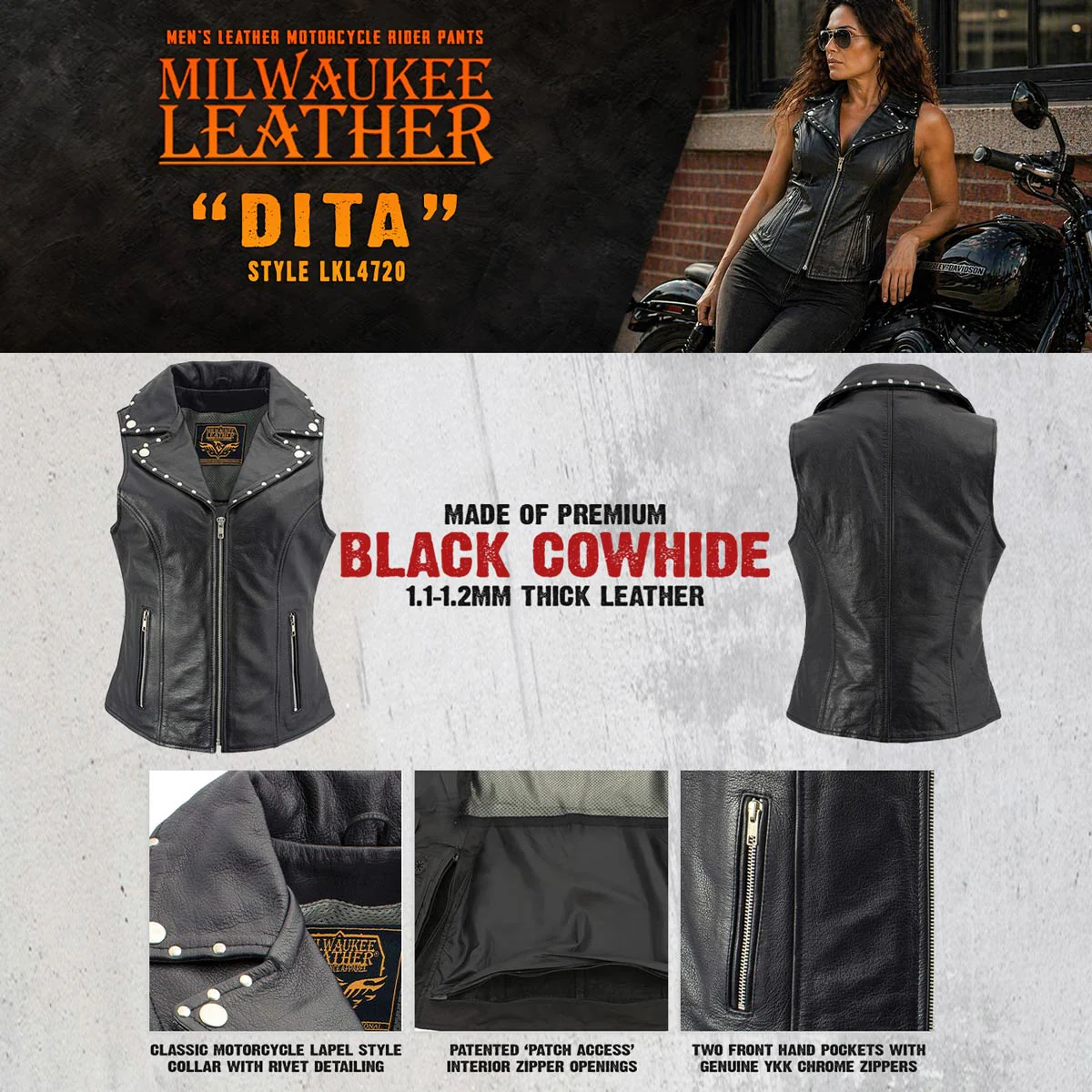 Milwaukee Leather Women's Dita Black Motorcycle Leather Vest w/ Riveted Lapel Collar - LKL4720 - Image 5